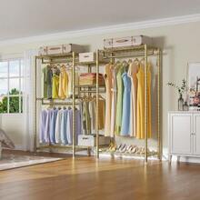 V6 Wire Garment Rack Heavy Duty Clothes Rack With 7 Adjustable Shees 4 Hanging Rods Compact DIY Metal Clothing Rack 74.4 L X 17.7 W X 76.8 H Max Load 600LBS Gold