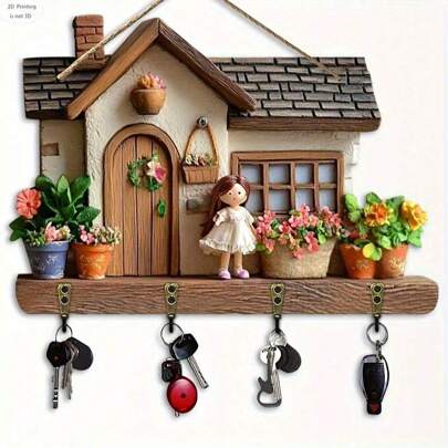 2D Flat, 1pc Cute Wooden Multifunctional House-Shaped Key Holder With 4 Metal Hooks, Suitable For Wall Decor, Porch Decor, Room Decor, Villa Decor, Home Decor All Seasons, 2D Flat