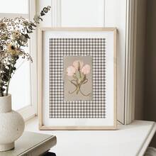 1 pezzo Stampa artistica a parete bianca senza cornice con tulipano, cartellone floreale con motivo a scacchi marrone in stile cottage, decorazione minimalista da fattoria per soggiorno/camera da letto/camera da letto, decorazione primaverile botanica per la stanza, regalo perfetto (stampe da parete, cartellone funky, ritorno a scuola)