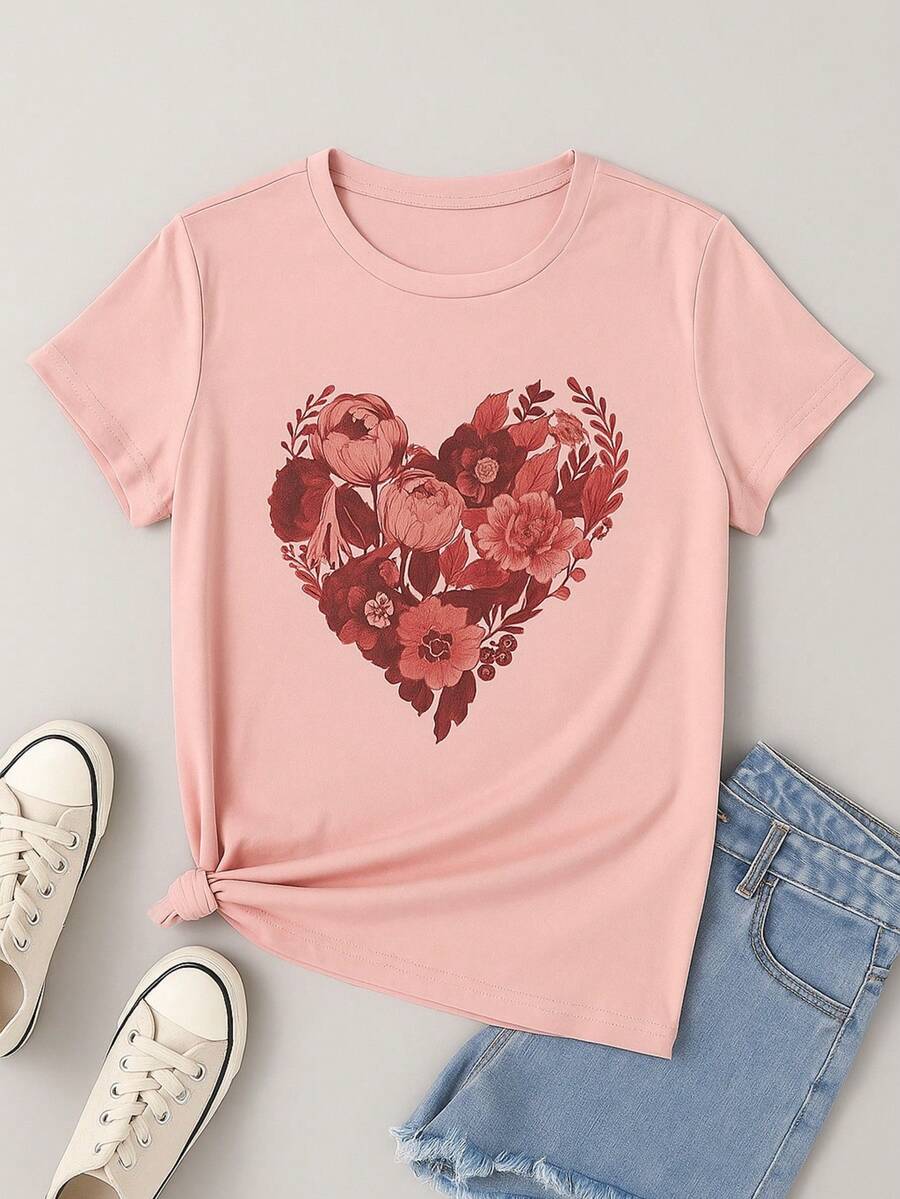 Ilusión Playera de dama, cuello redondo con estampado de corazón con flores, moda casual de mujer - Rosa - Ver 1