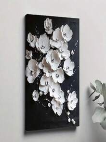 1pc 30x40cm(12x16inch) BlackanWhiteAbstractBloomingFlowerPainting,BlackanWhiteAcrylicPaintingonCanvas,FloralHeavyTetureArt,LivingRoomDecor Framed