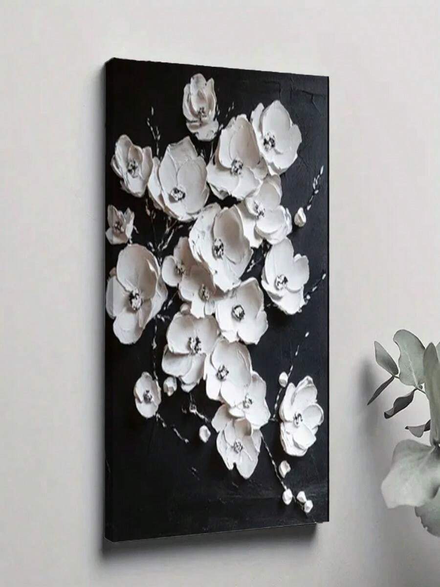 1pc 30x40cm(12x16inch) BlackanWhiteAbstractBloomingFlowerPainting,BlackanWhiteAcrylicPaintingonCanvas,FloralHeavyTetureArt,LivingRoomDecor Framed