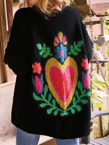 Cardigan tricoté à manches longues de mode pour femmes en automne et hiver, motif en forme de cœur, modèle ample, style décontracté polyvalent et doux, convient pour les voyages quotidiens et les déplacements. Chandail en laine pour femmes en automne. - Noir - Voir 3