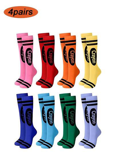 4 Pairs Colorful Striped Knee-High Socks, Fashionable, Innovative, Skin-Friendly, Soft & Snug Fit, Suitable For Teenagers