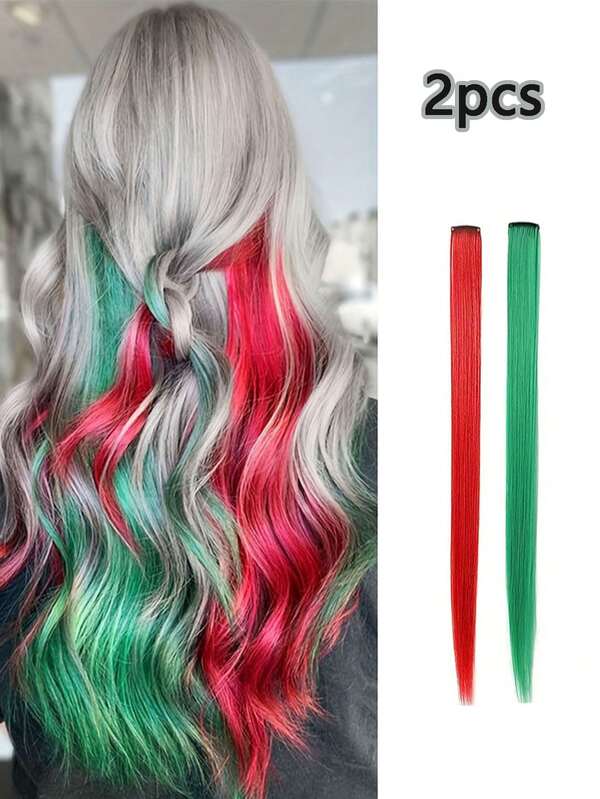 2 Stücke bunte Weihnachts-Haarclips aus synthetischen Fasern mit Glitzer, Weihnachts-Haarextensions in Rot & Grün, Haarschmuck für Mädchen geeignet für Weihnachtspartys & Neujahrsgeschenke