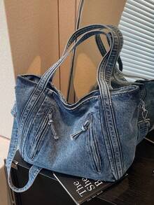 New Soft Denim Casual Fashion Bag, Large Capacity Travel Sports Bag, Front Double Zipper Pocket Design, Office Large Capacity Multifunctional Shoulder Crossbody Bag, Student Casual Bag And Street Tote Bag. - 藍色 - 查看 1