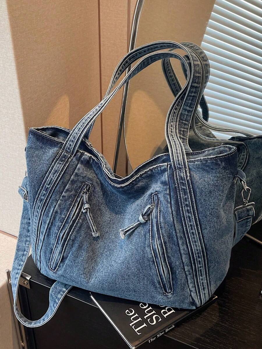 New Soft Denim Casual Fashion Bag, Large Capacity Travel Sports Bag, Front Double Zipper Pocket Design, Office Large Capacity Multifunctional Shoulder Crossbody Bag, Student Casual Bag And Street Tote Bag. - 藍色 - 查看 1