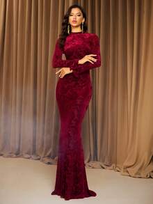 Wine Red Elegant Long Sleeve Velvet Jacquard Maxi Party Evening Dress