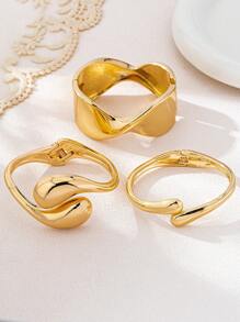 3pcs/Set Minimalist Geometric Asymmetrical Teardrop Shaped Metal Bangle Bracelet Set, Thick Solid Gold-Tone Alloy Material, Suitable For Women