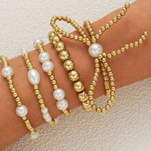 Handmade Bead Bracelet Elastic Stacking Set, Small Gold Bead Multi-Layer Jewelry, Versatile For Daily Wear, Suitable For Your Birthday Gift, Anniversary Gift, Valentine's Day Gift - Vàng 7 - Xem 3
