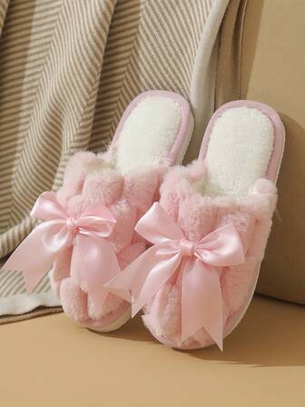 Autumn/Winter Bowknot Closed Toe Slippers For Women, Lightweight Non-Slip Fluffy Indoor/Outdoor Casual Slippers