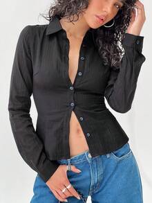 Women Stripe Shirt Long Sleeve Laple Button Down Slim Fit Tops Streetwear For Casual Daily - 黑色 - 查看 1
