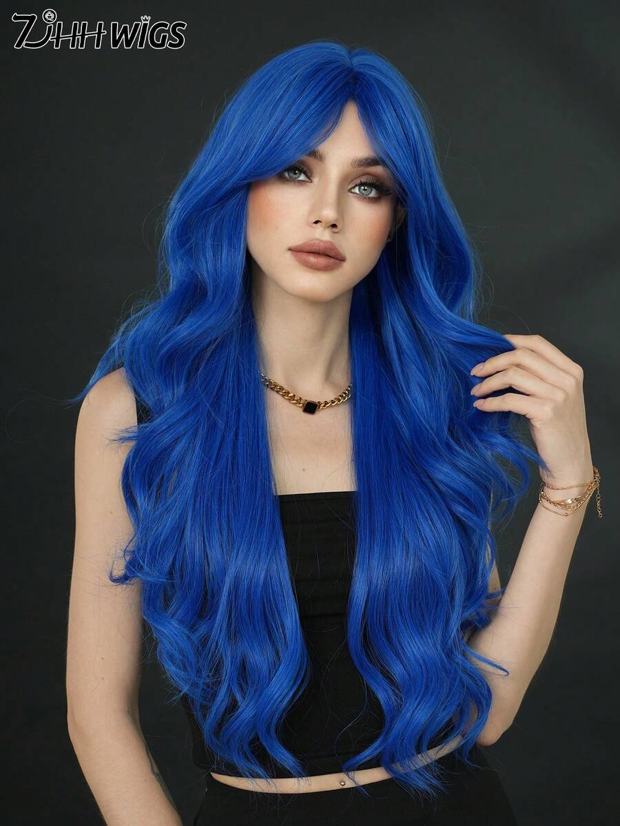 7JHH WIGS Gorgeous 28-Inch Extra Long Wavy Dark Blue Wig For Women, Fluffy Wave Curly Wigs With Curtain Bangs, Synthetic Fiber Hair Full Machine Wigs For Music Festival Party Wear, Halloween Cosplay Costume Use All-Match Fashion Accessories - 藍色 - 查看 1