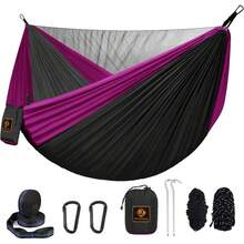 Hamaca de camping, hamacas portátiles con mosquitero, hamaca de paracaídas de nailon ligera con correas de árbol de 10 pies, artículos de camping imprescindibles para viajes, senderismo, mochilero, - NEGRO&Rosado - Ver 13