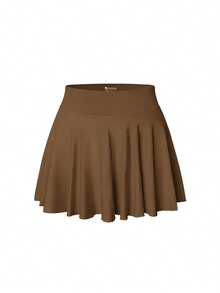Women One Piece Skirt 2 In 1 Flowy Basic Versatile  Stretchy Flared Casual Mini Skirts - Coffee Brown - View 1