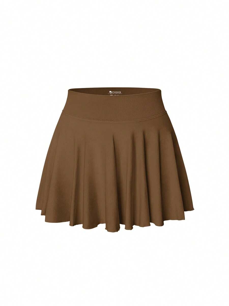 Women One Piece Skirt 2 In 1 Flowy Basic Versatile  Stretchy Flared Casual Mini Skirts - Coffee Brown - View 1