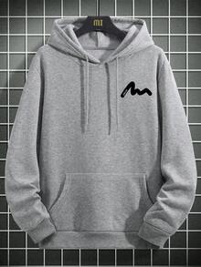 Men's Graphic Print Drawstring Hoodie Sweatshirt, Fall Winter, Long Sleeve Top - Grey - View 9
