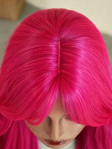 7JHH WIGS Gorgeous 28-Inch Extra Long Wavy Hot Pink Wig For Women, Fluffy Wave Curly Wigs With Curtain Bangs, Synthetic Fiber Hair Full Machine Fluorescent Pink Wigs For Daily & Music Festival Party Wear, Halloween Cosplay Costume Use All-Match Fashion Accessories - 粉色 - 查看 8