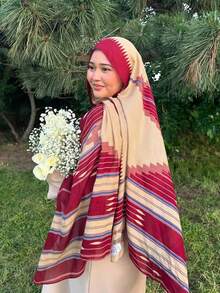 1 件水彩印花头巾，时尚优雅百搭女士围巾，轻质单面印花材质穆斯林头巾，适合所有季节、日常穿着或长袍 - 酒紅色 - 查看 3