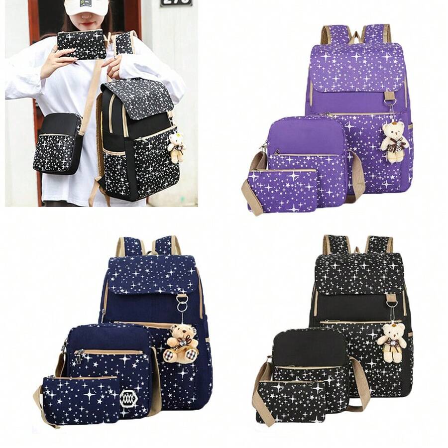 3Pcs/Set Star Print Girls Boys Backpack Travel Rucksack Kids Back To School Bags - Black - View 1