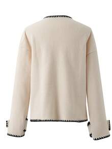 Autumn And Winter Casual Knitted Contrasting Edge Women's Cardigan, Loose Round Neck Jacket