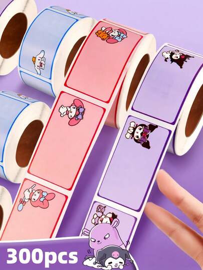 1 pieza Sanrio 300 hojas/rollo Pegatinas con tema de dibujos animados Kuromi, pegatinas con nombre, pegatinas con nombre escritas a mano de Cinnamoroll y My Melody, pegatinas de cuaderno de dibujos animados, adecuadas para la temporada de regreso a clases