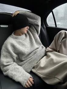 Vintage Elegant Men's Solid Color Round Neck Drop Shoulder Long Sleeve Loose Fit Sweater - Grey - View 5