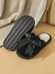 Pantufas femininas de outono/inverno com laço de fita, leves e macias, para uso casual em ambientes internos e externos, ideais para o quarto ou para casa. - Preto - Ver 4