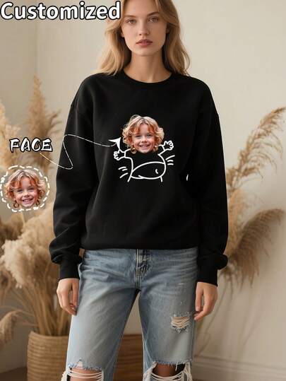 1 pieza Parte superior de manga larga personalizable para mujer (excluye sombrero). Puedes personalizar tu imagen favorita y diseñar tu propia ropa exclusiva. Esta parte superior personalizada y diseñada de forma única es adecuada para el uso diario, salir, deportes y diversas ocasiones. Es el mejor regalo para familiares, amigos y cumpleaños.