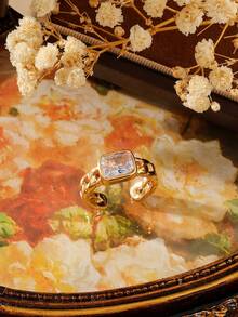 1pc 18K Stainless Steel Cubic Zirconia Ring, Minimalist & Fashionable Party Jewelry Suitable For Party, Date, Office Wear - Yellow Gold - View 5