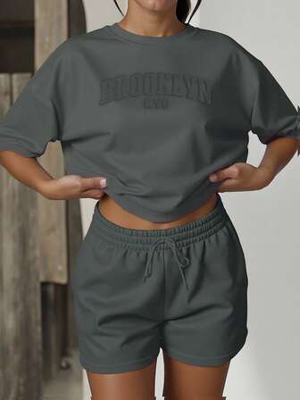 2pcs Women Casual Loose Round Neck Embossed Letter T-Shirt And Shorts Set, Suitable For Daily Wear, Vacation, Party, Holiday, Christmas Outfit