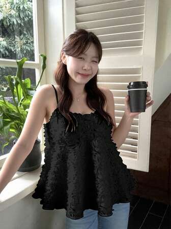 女士春季新品简约宽松优雅小众设计3D花卉无袖甜美吊带背心，夏季