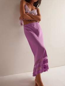 Women's Black Midi Skirt With Lace Ruffle Hem High - Waist Asymmetrical Long Skirt - 紫色 - 查看 3