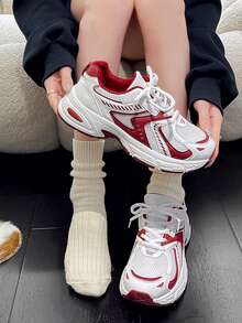 复古拼色厚底女运动鞋，新款轻便透气休闲鞋，厚底厚底运动训练鞋 - 紅白色 - 查看 3