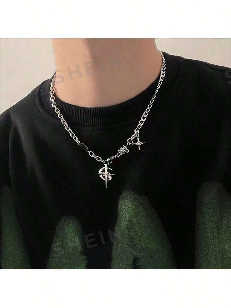 1 件黑宝石星爆项链，独特的街头服饰设计，高端男女通用颈链/锁骨链万圣节配饰教师节 - 銀色 - 查看 1