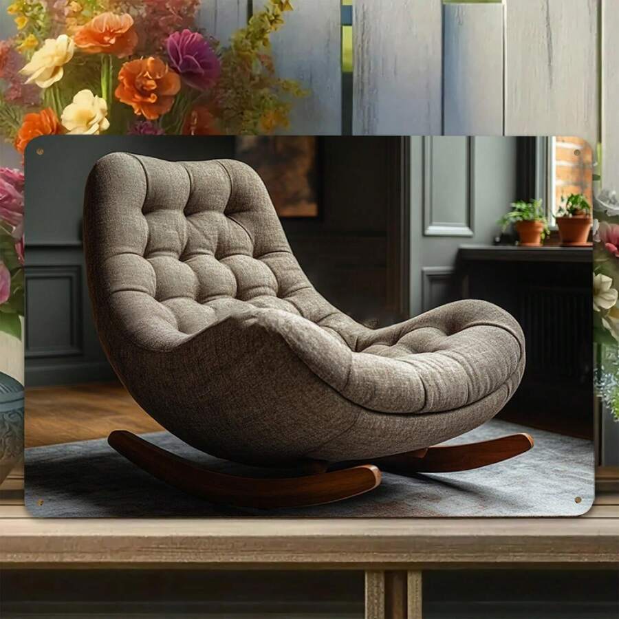 Mid Century Modern Rocking Chair Metal Sign: Upholstered Accent Rocker  Button Tufting  Solid Wood Base  Comfortable Lounge Seating For Living Room  Nursery  Bedroom - Multicolor - View 1