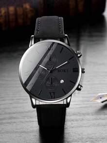 1 reloj de hombre, con función de calendario, esfera redonda de moda con movimiento de cuarzo, correa de PU, adecuado para uso diario, regalo de cumpleaños, fiesta, reunión festiva, regalo ideal para ti o tus amigos. No incluye caja de embalaje. - Negro - Ver 6