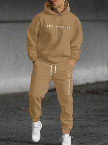 Men's Spring/Autumn Letter Print Hoodie And Drawstring Waist Pants Set, Lightweight, Fashionable Sportswear, Casual, Suitable For Commuting, Work, Fishing, Camping, Gym