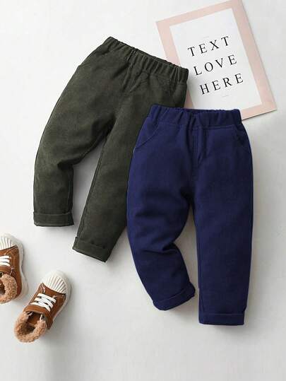 2pcs/Set Boys' Solid Color Corduroy Elastic Waist Straight Leg Casual Pants