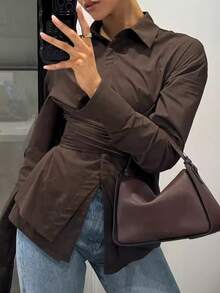Women's Elegant Solid Color Collared Slim Fit Long Sleeve Blouse, Polyester, Button Closure Spring - Coffee Brown - View 5
