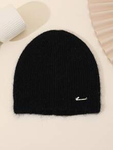 1 件纯色金属装饰花卉图案休闲羊毛混纺柔软针织帽，复古厚实质地，柔软蓬松，适合送礼和日常穿着，秋冬