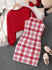 2pcs Girls Fashion Casual Minimalist Outfit Set, Vintage Plaid Suspender Dress & Solid Color Crew Neck Short Sleeve Knit Top, Comfortable & Soft Spring/Autumn Clothing For Teens