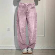 Women Diamond Straight Loose Jeans Fashion Vintage Boyfriend Denim Pants - 粉色 - 查看 4