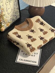 1pc Kids' Thick Crew Neck Long Sleeve Sweater, Cute Bear Pattern, Unisex For Boys & Girls, Autumn/Winter - Beige - View 2
