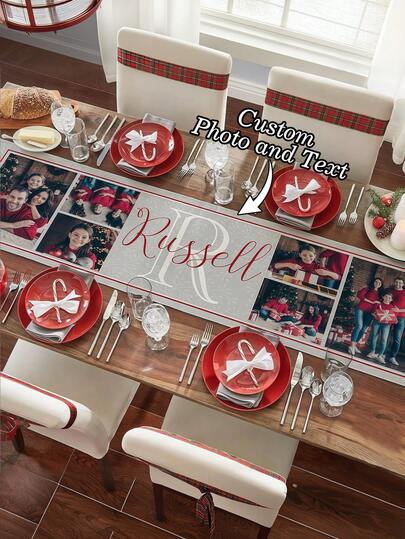 1pc Customizable Linen-Like Table Runner, Featuring Your Photo And Text - Vibrant Printing, Suitable For Indoor Kitchen, Dining Table Decor, Party, Anniversary, Holiday Decoration