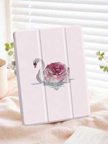Pink Swans And Peonies IPad Case Compatible With IPad Air 4/5 10.9 Inch, IPad 7/8/9th 10.2 Inch, Built-In Pencil Slot Compatible With Samsung Tab S6 10.4 Inch, Tab A7 Lite 8.7 Inch, Ins Style Leather Case, Back To School, Valentine's Day, New Year Gift
