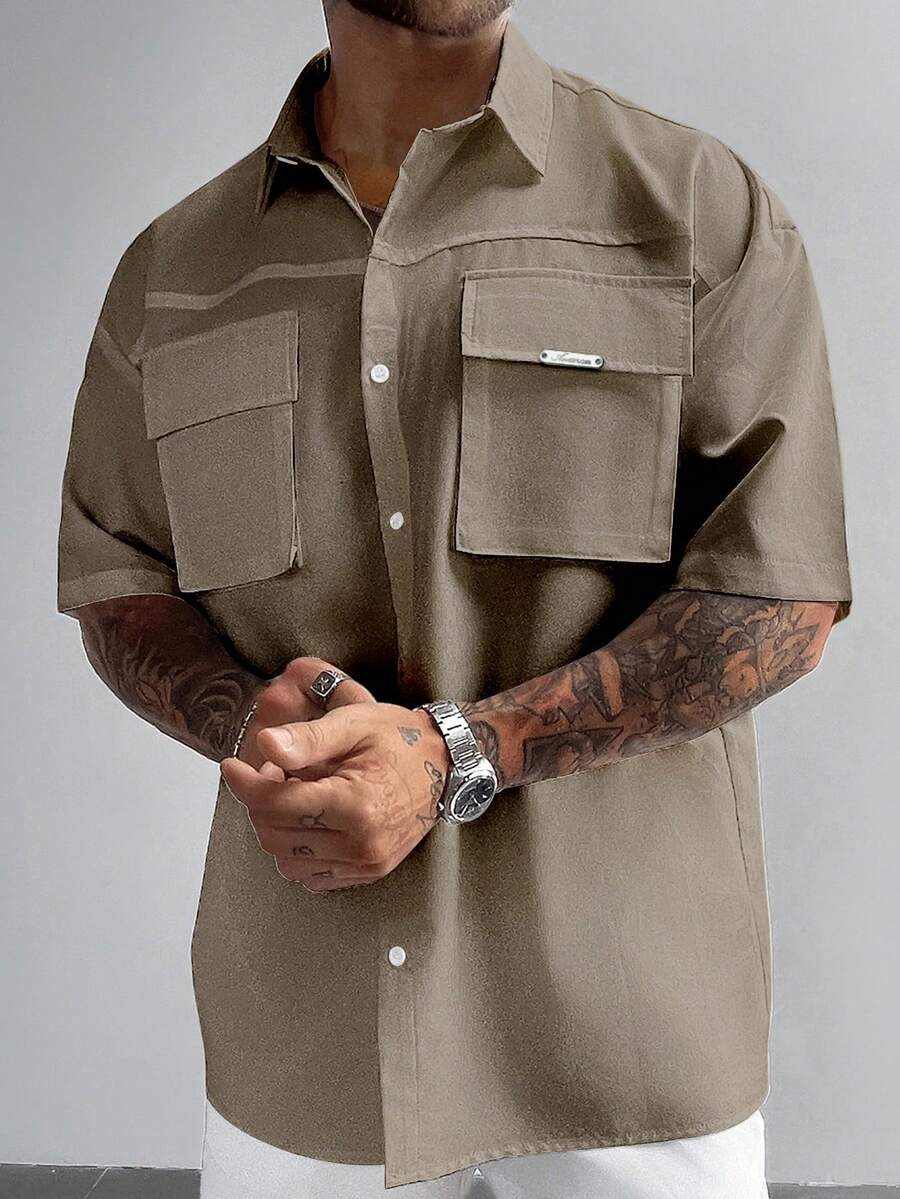 Cămașă bărbătească albă, practică, în stil vintage, cu buzunare 3D, cu rever larg și mânecă scurtă, potrivită pentru vacanță, activități în aer liber și purtare zilnică, cadou de Ziua Tatălui - Kaki - Vizualizare 1