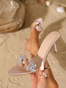 On feet& in love Women's Fashion Elegant Satin Strap Open Toe Slip-On Sandals, Suitable For Wearing With Dresses, Low Vamp, Fine High Heels, Summer - Champagne - View 1