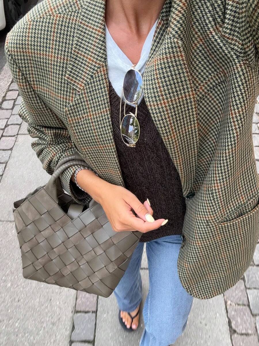 Nuovo blazer casual/business in stile tartan oversize da donna per autunno/inverno, blazer in lana spessa a quadri da donna - Multicolore - Visualizzare 1
