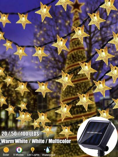 20/50/100 Leds Solar Garden Outdoor String Lights,Christmas Lighting String Star-Shaped LEDs, Flashing 8 Modes Available For Outdoor Use, Fairy Lighting For Christmas Trees. Suitable For Garden, Courtyard,Terrace, Lawn ,Branches ,Corridor ,Camping And Fence Decorations. Ideal For Wedding And Party Christmas, Halloween, New Year And Holiday Decoration
